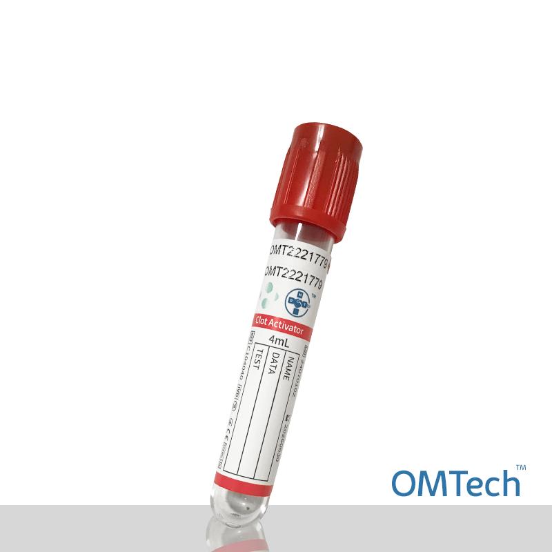 Пробірка Вакуумна для забору крові "OMTech", з активатором згортання, стерильна, з червоною кришкою, 4 мл, 13*75 мм RENJI MEDICAL